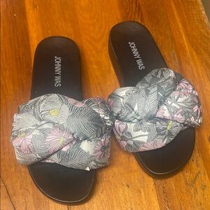 Johnny Was Black Slide Sandals with Pink Floral & Green Leaf Print